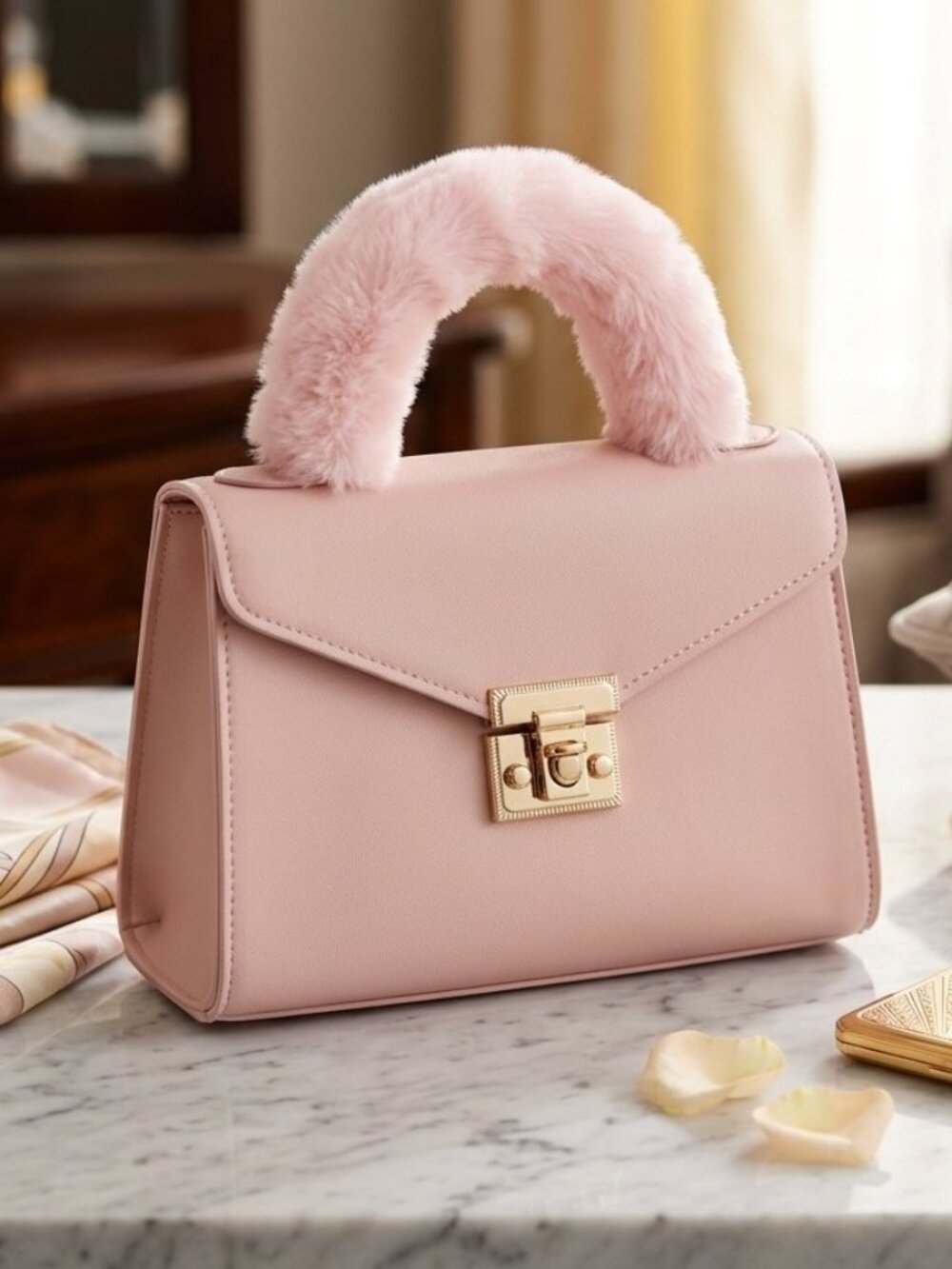 Pink Leather Mini Handbag With Fur Handle